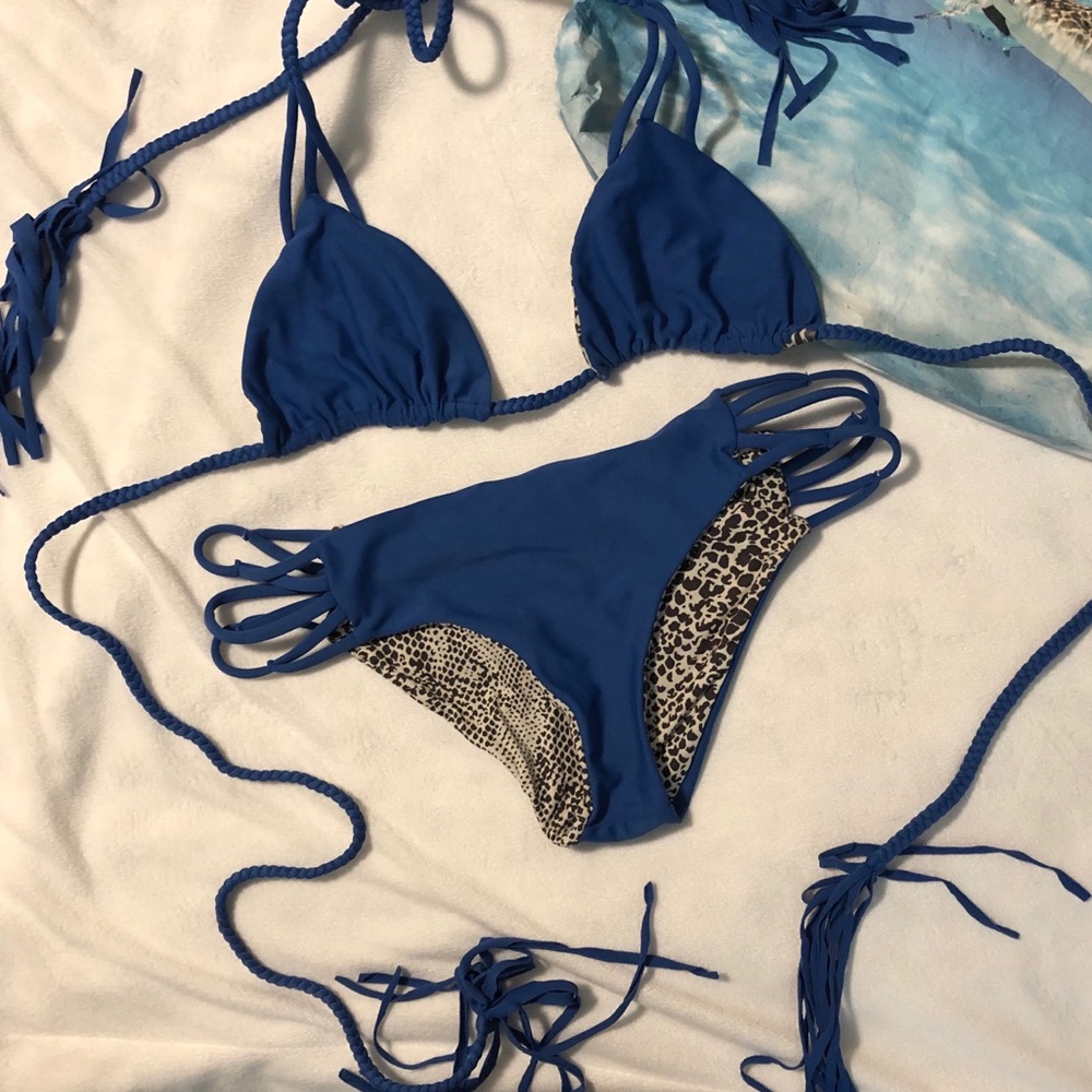 acacia swimwear Royal Blue Triangle Bikini with Leopard Lining